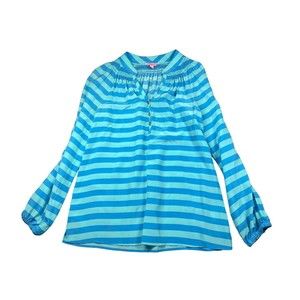 LILLY PULITZER Women's Blue Aqua Striped V-Neck Long Sleeve Silk Blouse Sz XS
